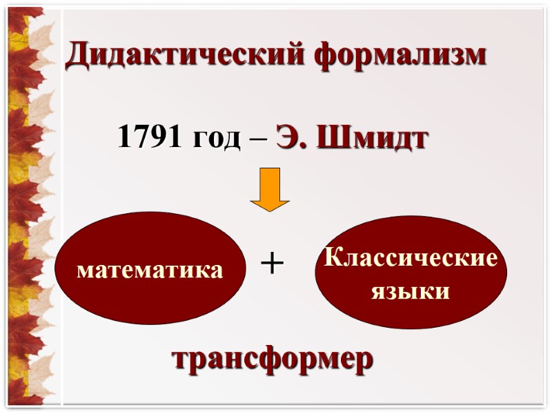 Дидактический формализм 1791 год – Э. Шмидт   +  трансформер математика Классические